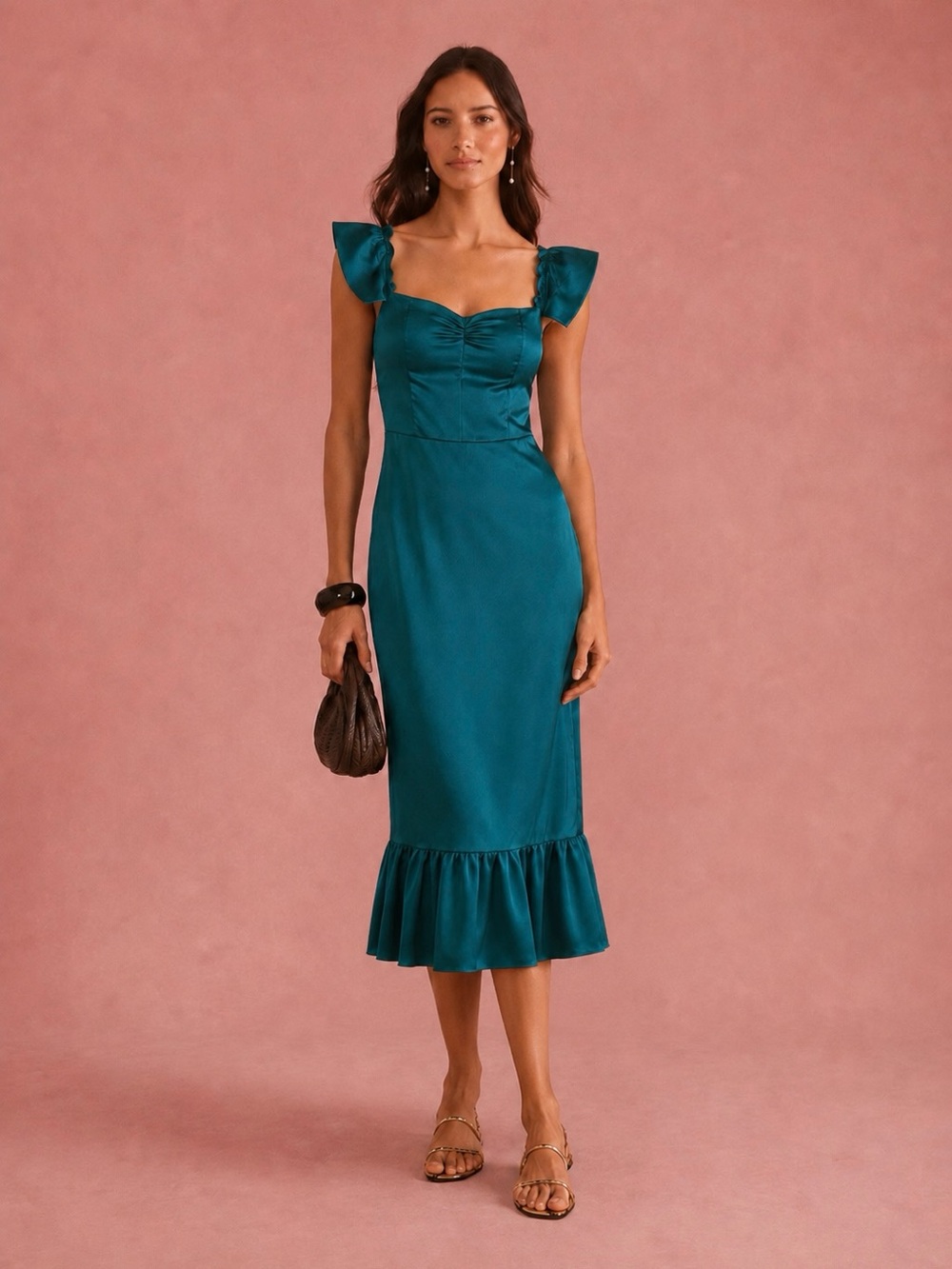Anthropologie O.P.T | Teal Maria Midi Dress with Ruffle Hem New w/ Tags ~ Small